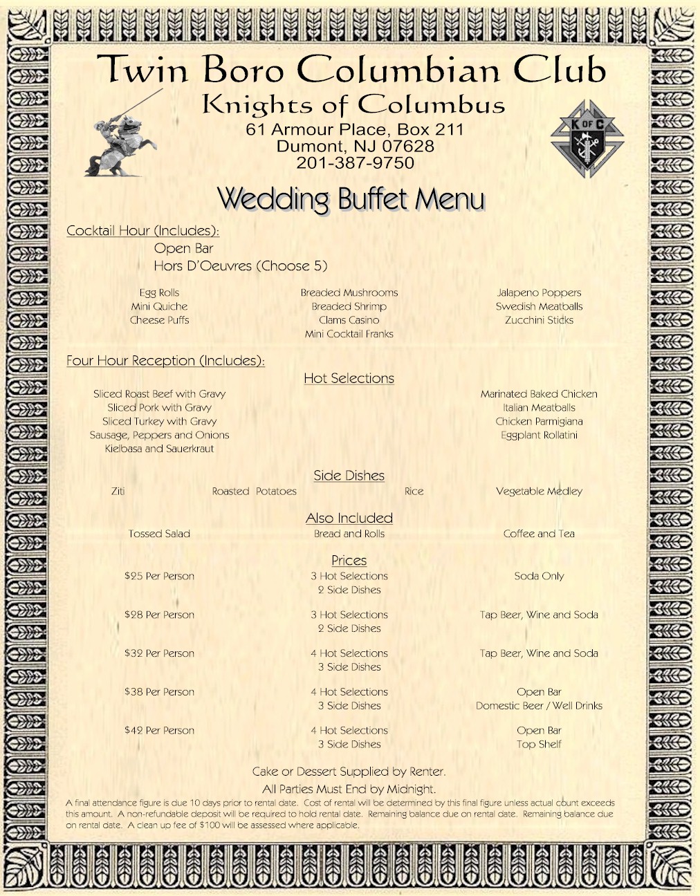 Wedding buffet menu at a medieval style restaurant